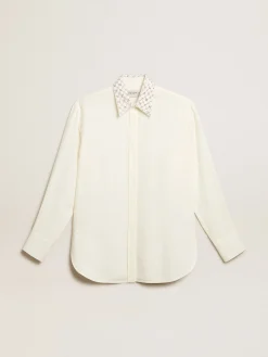 Outlet Golden Goose Camisa cor branco antigo com padrão jacquard e bordados Coleção Journey