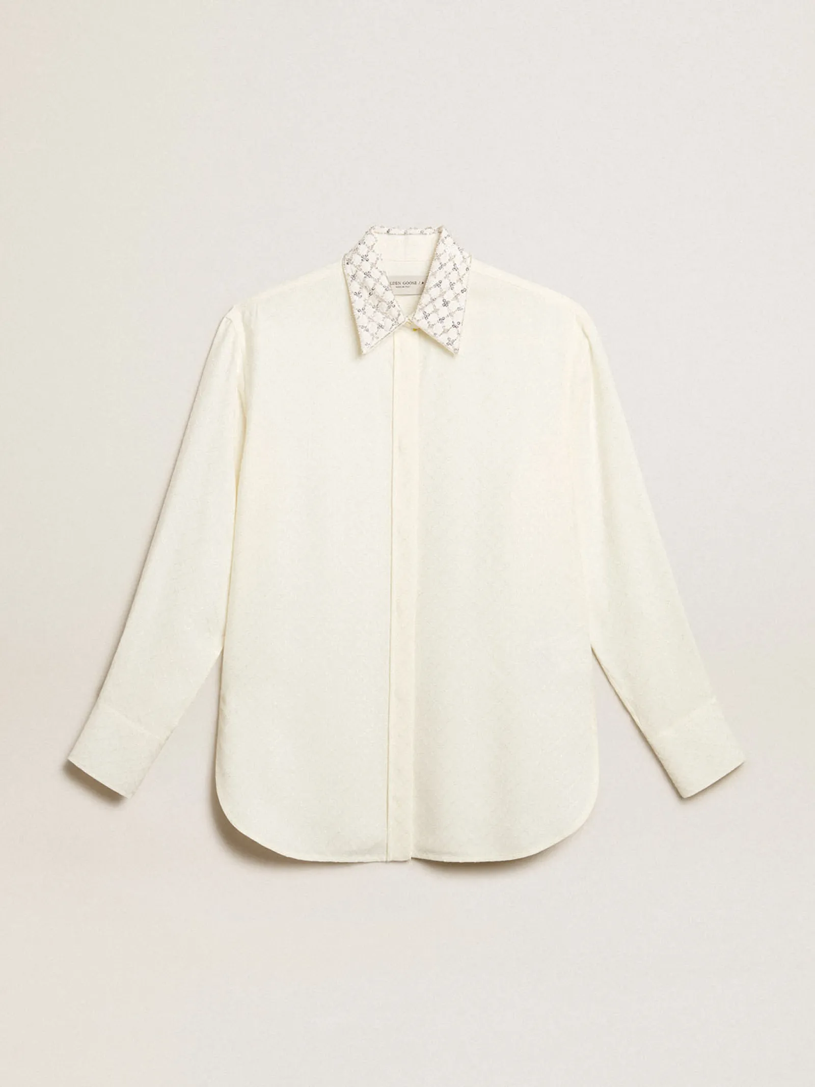 Outlet Golden Goose Camisa cor branco antigo com padrão jacquard e bordados Coleção Journey