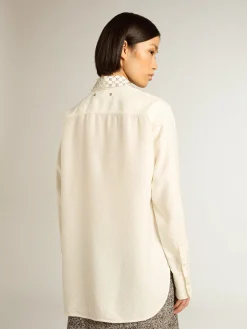 Outlet Golden Goose Camisa cor branco antigo com padrão jacquard e bordados Coleção Journey