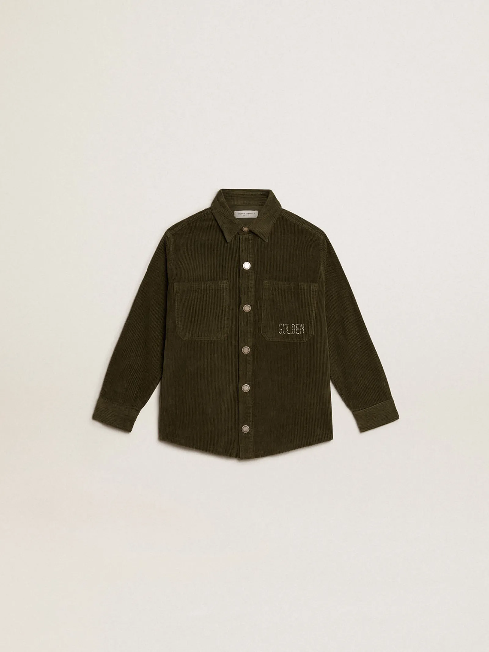 Fashion Golden Goose Camisa infantil masculina verde escura de algodão efeito aveludado Coleção Journey