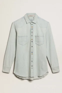 Clearance Golden Goose Camisa jeans masculina desbotada com tachas marteladas Cor: azul desbotado