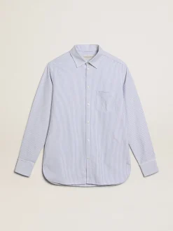 Clearance Golden Goose Camisa masculina com listras finas Cor: branco e azul-claro