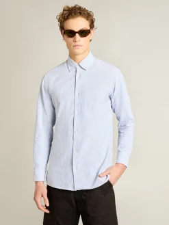 Clearance Golden Goose Camisa masculina com listras finas Cor: branco e azul-claro