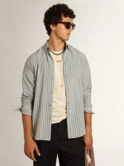 New Golden Goose Camisa masculina listrada de viscose Cor: água