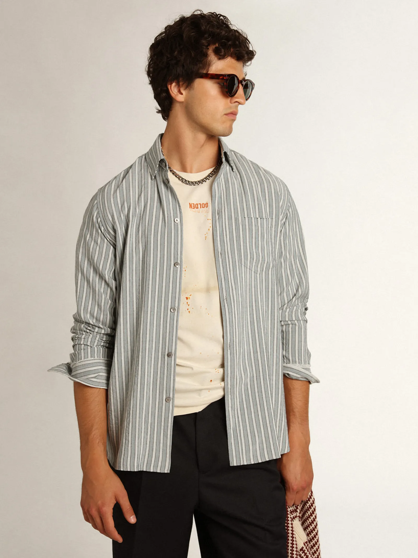 New Golden Goose Camisa masculina listrada de viscose Cor: água