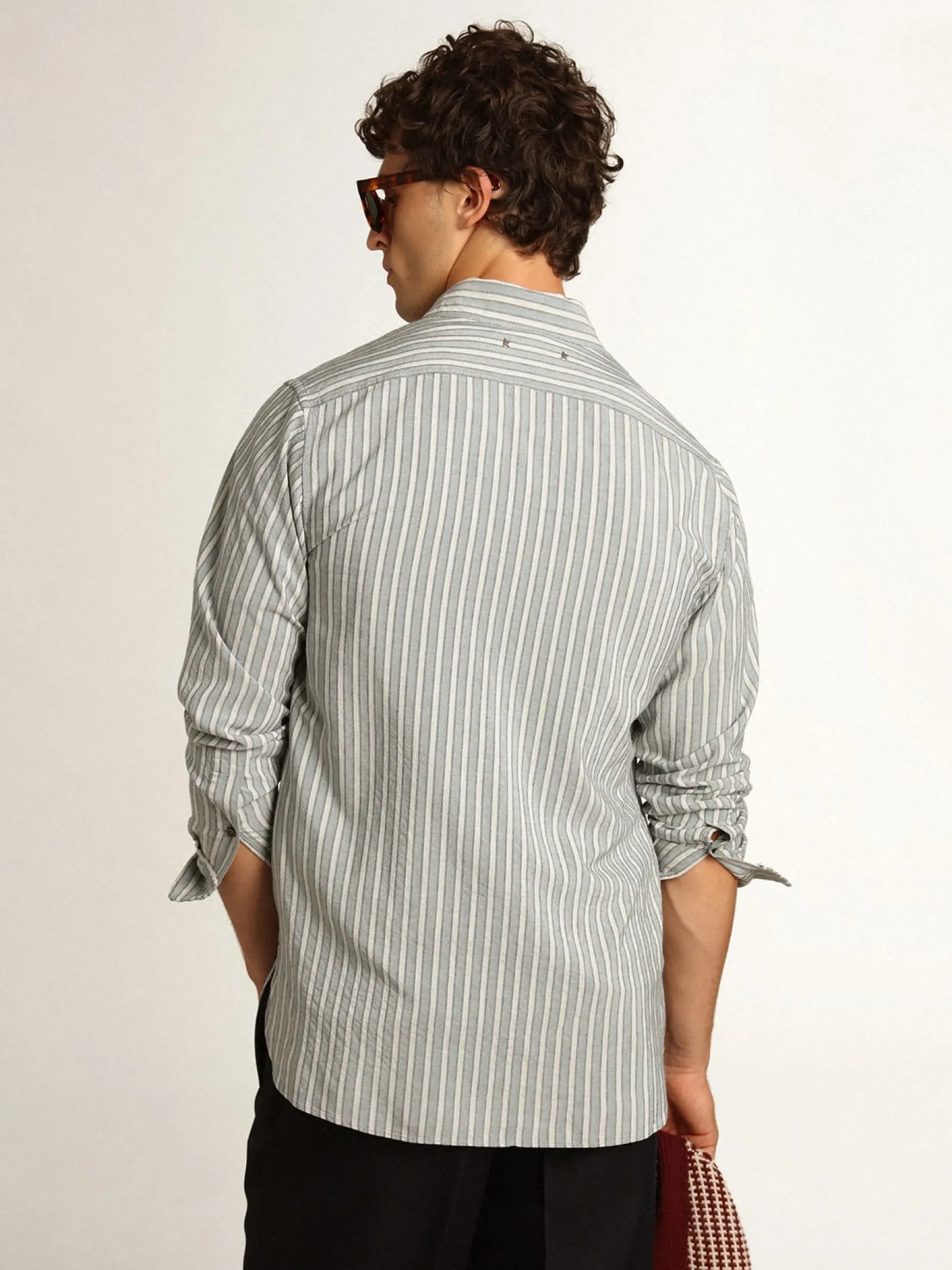 New Golden Goose Camisa masculina listrada de viscose Cor: água