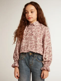 Best Sale Golden Goose Camisa polo de viscose rosa pálido com estampa floral Coleção Journey