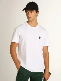 Clearance Golden Goose Camiseta branca Coleção Star com estrela verde em contraste na frente Cor: branco óptico