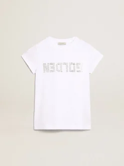 Best Sale Golden Goose Camiseta branca com a palavra Golden em cristais no centro Cor: branco