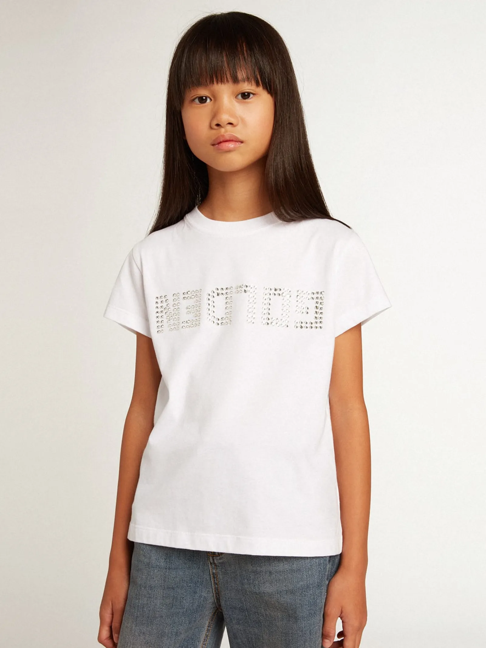 Best Sale Golden Goose Camiseta branca com a palavra Golden em cristais no centro Cor: branco