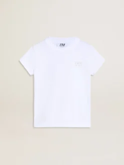 Best Sale Golden Goose Camiseta branca e prateada com logo e maxi estrela de glitter prateado Cor: branco