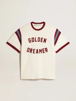 Hot Golden Goose Camiseta branca masculina com escrita bordô na frente Coleção Journey