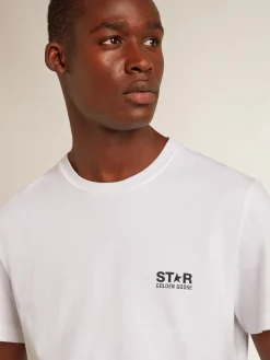Store Golden Goose Camiseta branca masculina com estrela azul-escura nas costas Star Collection