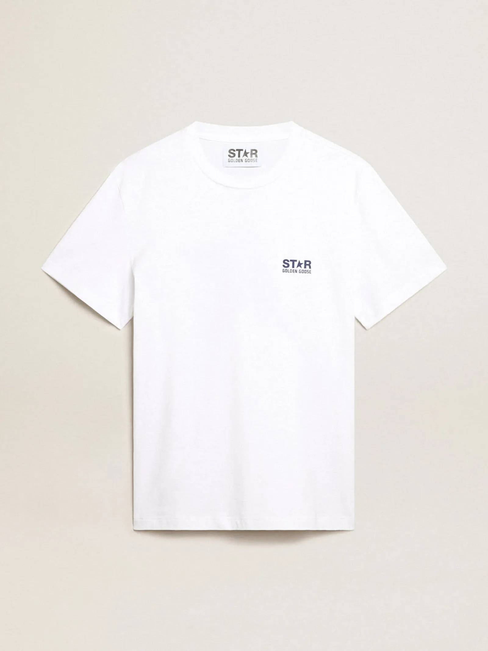 Store Golden Goose Camiseta branca masculina com estrela azul-escura nas costas Star Collection