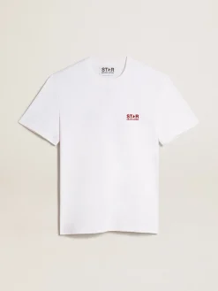 Sale Golden Goose Camiseta branca masculina com logo e estrela bordô em contraste Star Collection