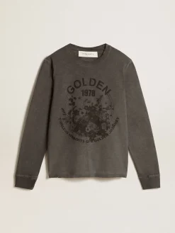 Hot Golden Goose Camiseta de algodão antracite com estampa na frente Coleção Journey