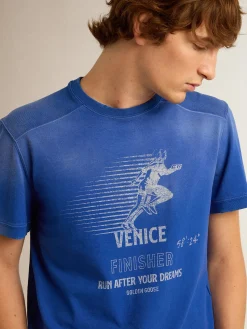 Cheap Golden Goose Camiseta de algodão azul com imagem Marathon na frente Cor: azul