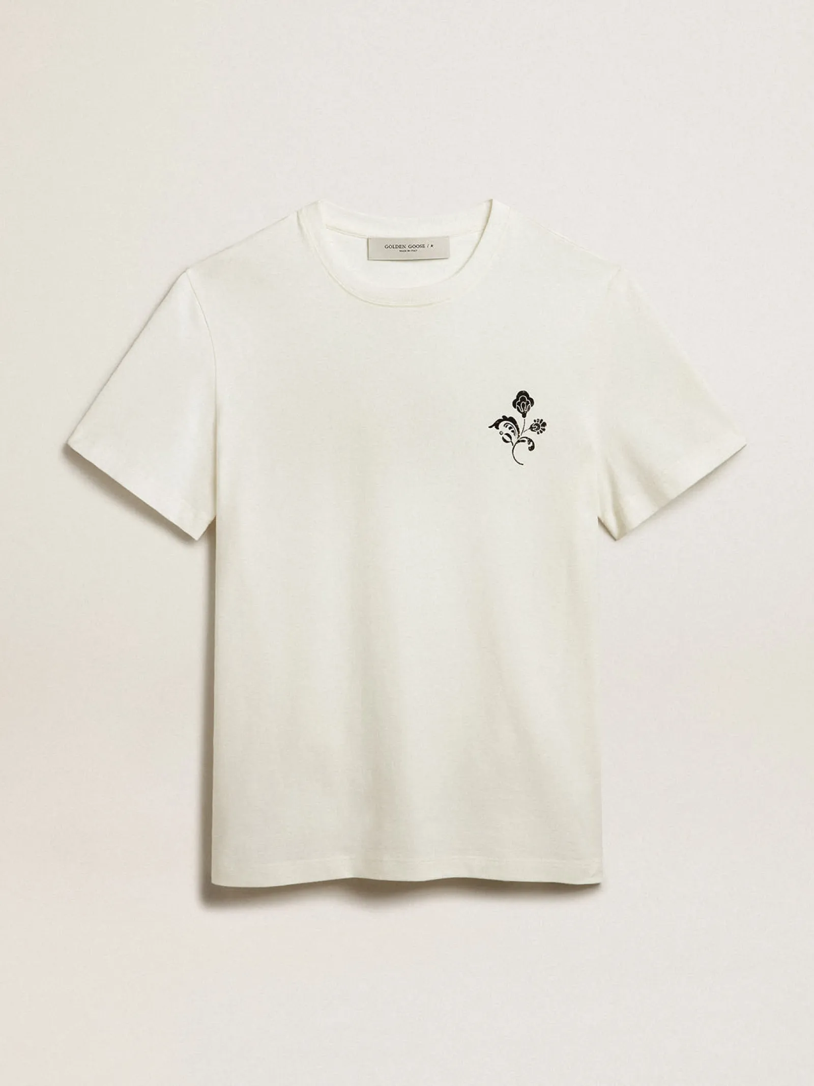 Clearance Golden Goose Camiseta de algodão branco com flor estampada na frente Coleção Resort