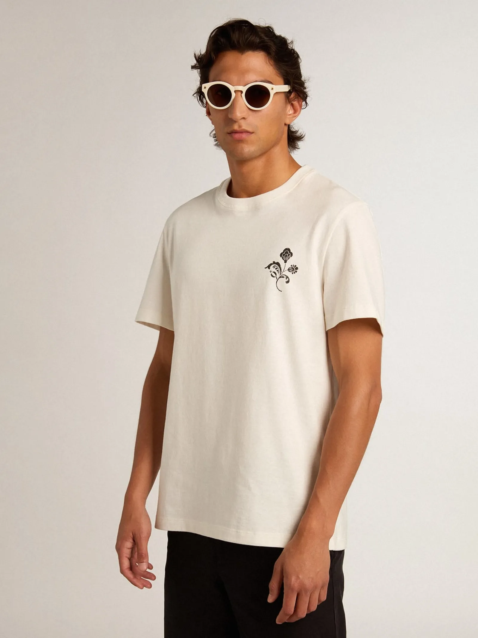 Clearance Golden Goose Camiseta de algodão branco com flor estampada na frente Coleção Resort