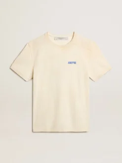 New Golden Goose Camiseta de algodão branco usado com logo Marathon azul Cor: branco usado