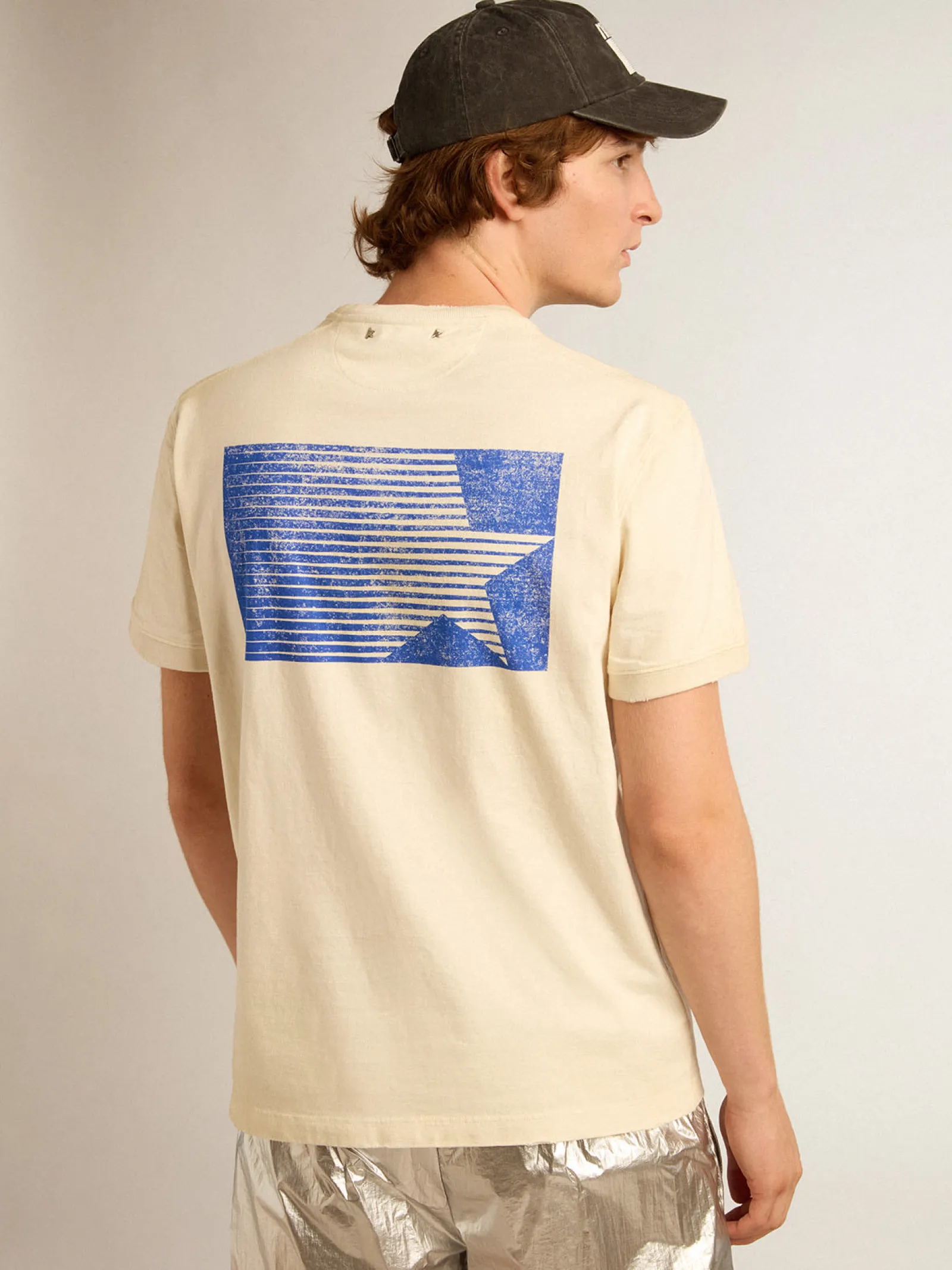 New Golden Goose Camiseta de algodão branco usado com logo Marathon azul Cor: branco usado