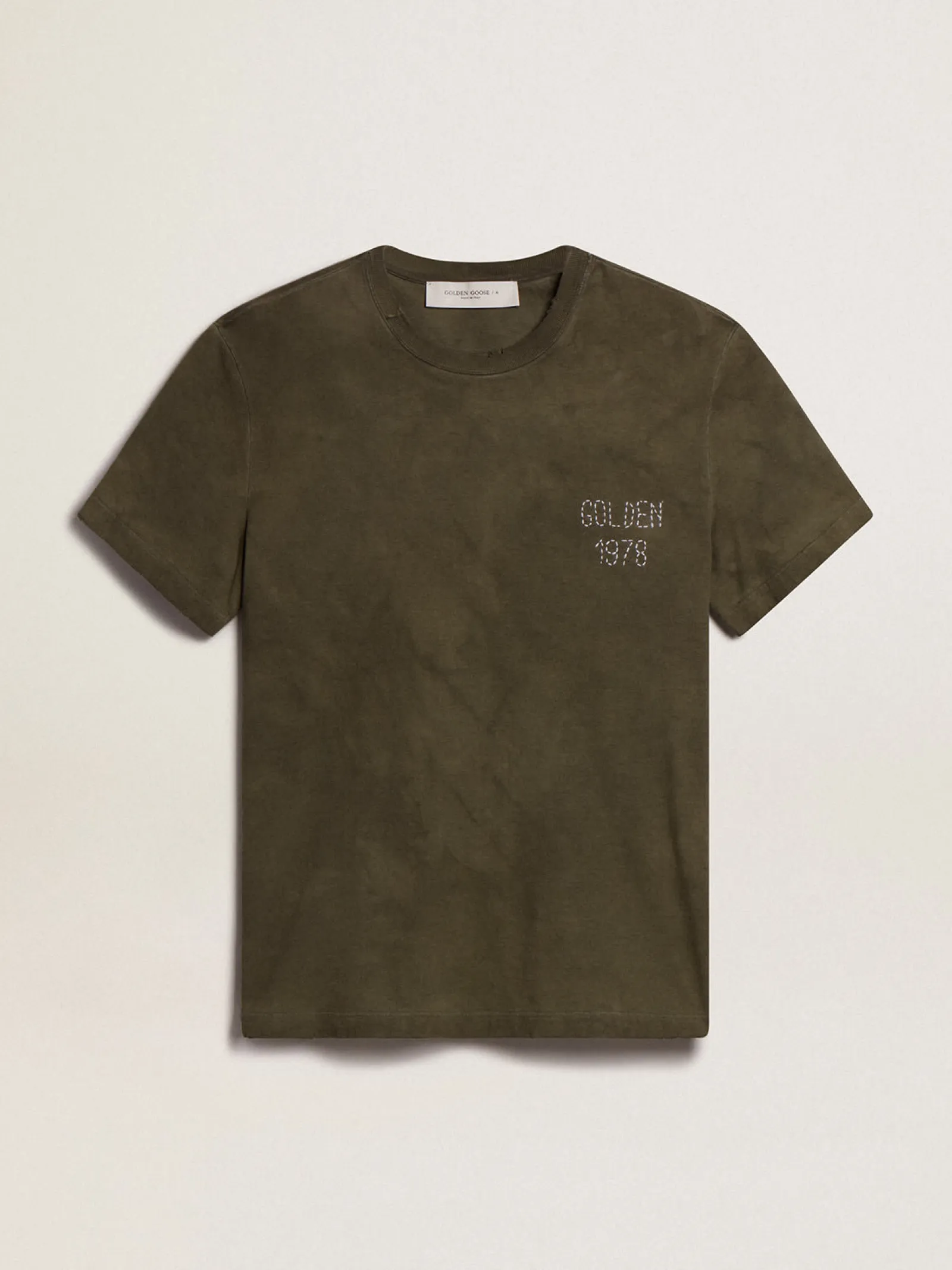Hot Golden Goose Camiseta de algodão cor de faia com bordado na frente Coleção Journey