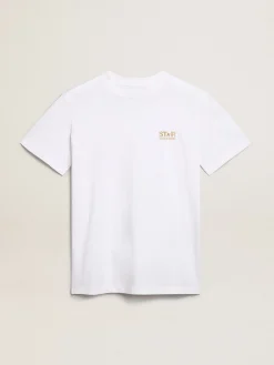 New Golden Goose Camiseta feminina branca com logo e estrela de glitter dourado Cor: branco