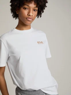 New Golden Goose Camiseta feminina branca com logo e estrela de glitter dourado Cor: branco