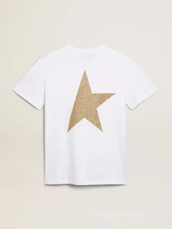 New Golden Goose Camiseta feminina branca com logo e estrela de glitter dourado Cor: branco