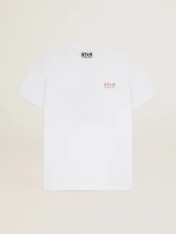 Best Golden Goose Camiseta feminina branca com logo e estrela de glitter rosa Cor: branco