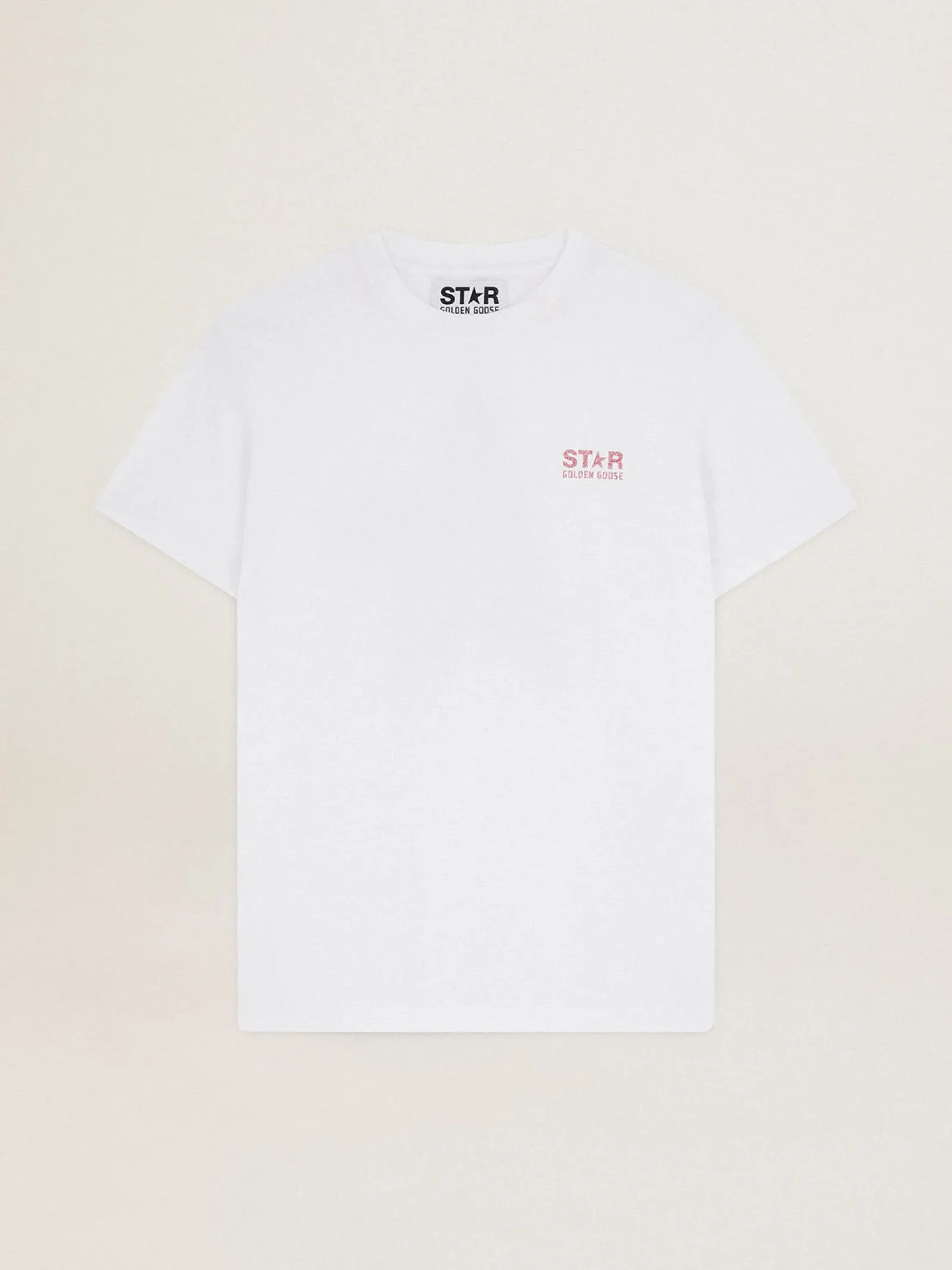 Best Golden Goose Camiseta feminina branca com logo e estrela de glitter rosa Cor: branco