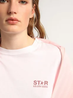 Best Golden Goose Camiseta feminina branca com logo e estrela de glitter rosa Cor: branco