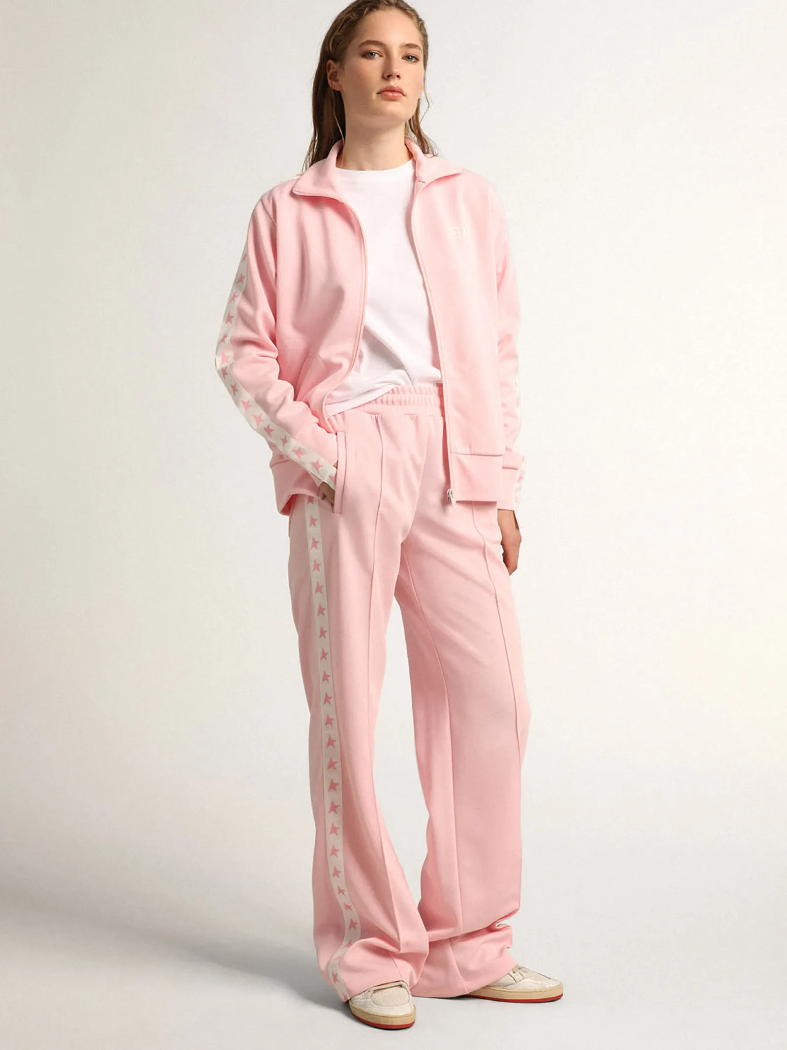 Best Golden Goose Camiseta feminina branca com logo e estrela de glitter rosa Cor: branco