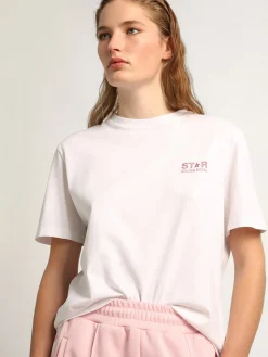 Best Golden Goose Camiseta feminina branca com logo e estrela de glitter rosa Cor: branco