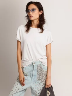 Discount Golden Goose Camiseta feminina branca com tratamento desgastado Golden Collection