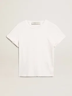 Discount Golden Goose Camiseta feminina branca com tratamento desgastado Golden Collection