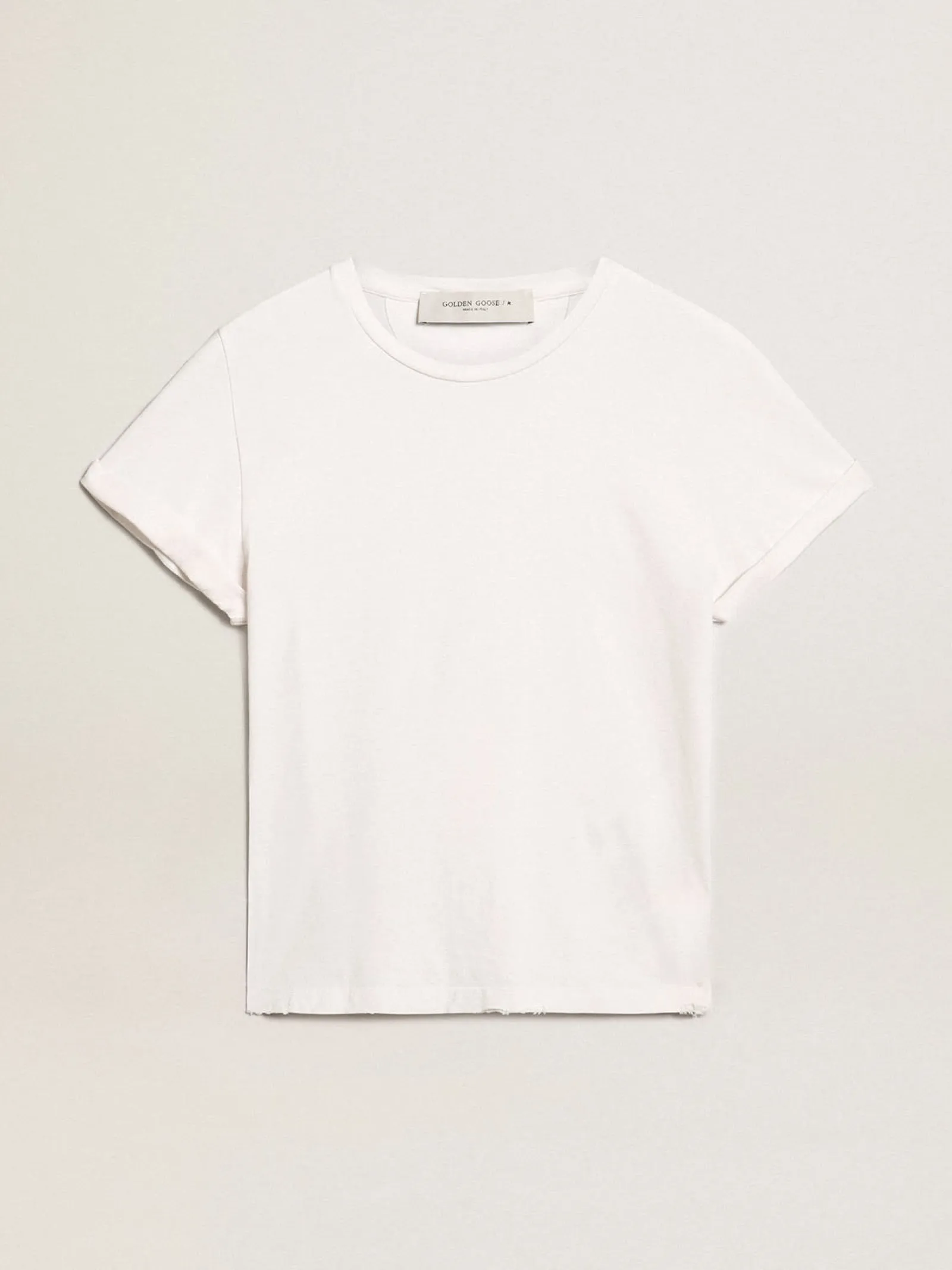 Discount Golden Goose Camiseta feminina branca com tratamento desgastado Golden Collection