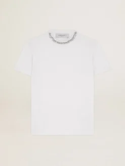 Hot Golden Goose Camiseta feminina branca com cristais cabochão Cor: branco