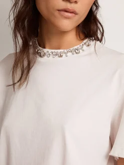 Hot Golden Goose Camiseta feminina branca com cristais cabochão Cor: branco