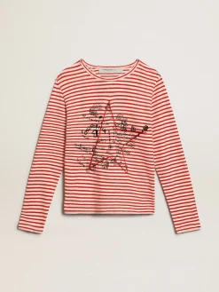 New Golden Goose Camiseta feminina com listras brancas e vermelhas e bordado na frente Cor: branco e vermelho