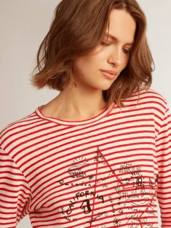 New Golden Goose Camiseta feminina com listras brancas e vermelhas e bordado na frente Cor: branco e vermelho