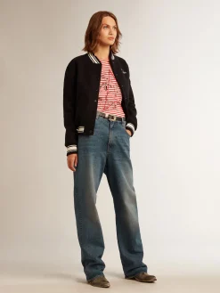New Golden Goose Camiseta feminina com listras brancas e vermelhas e bordado na frente Cor: branco e vermelho