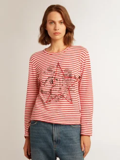 New Golden Goose Camiseta feminina com listras brancas e vermelhas e bordado na frente Cor: branco e vermelho
