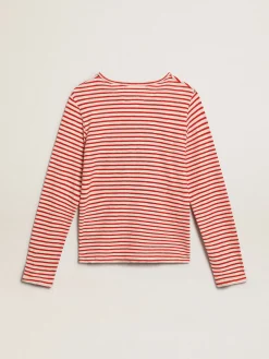 New Golden Goose Camiseta feminina com listras brancas e vermelhas e bordado na frente Cor: branco e vermelho