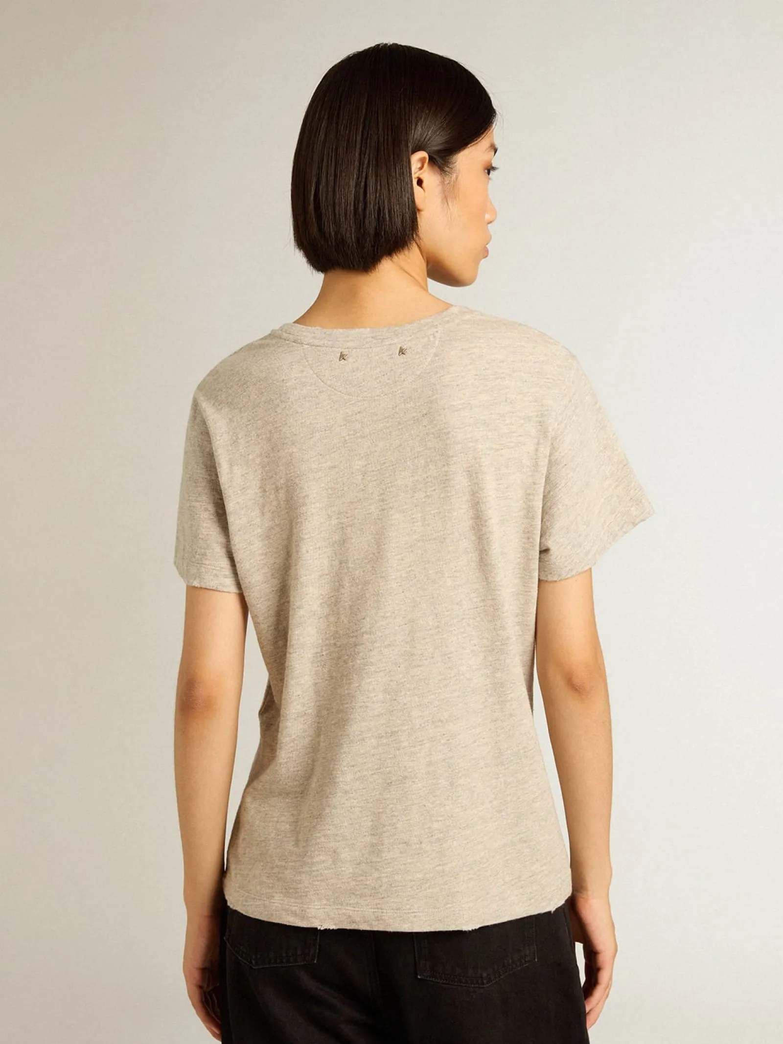 Cheap Golden Goose Camiseta feminina de algodão cinza mescla com escrita bordada Coleção Journey