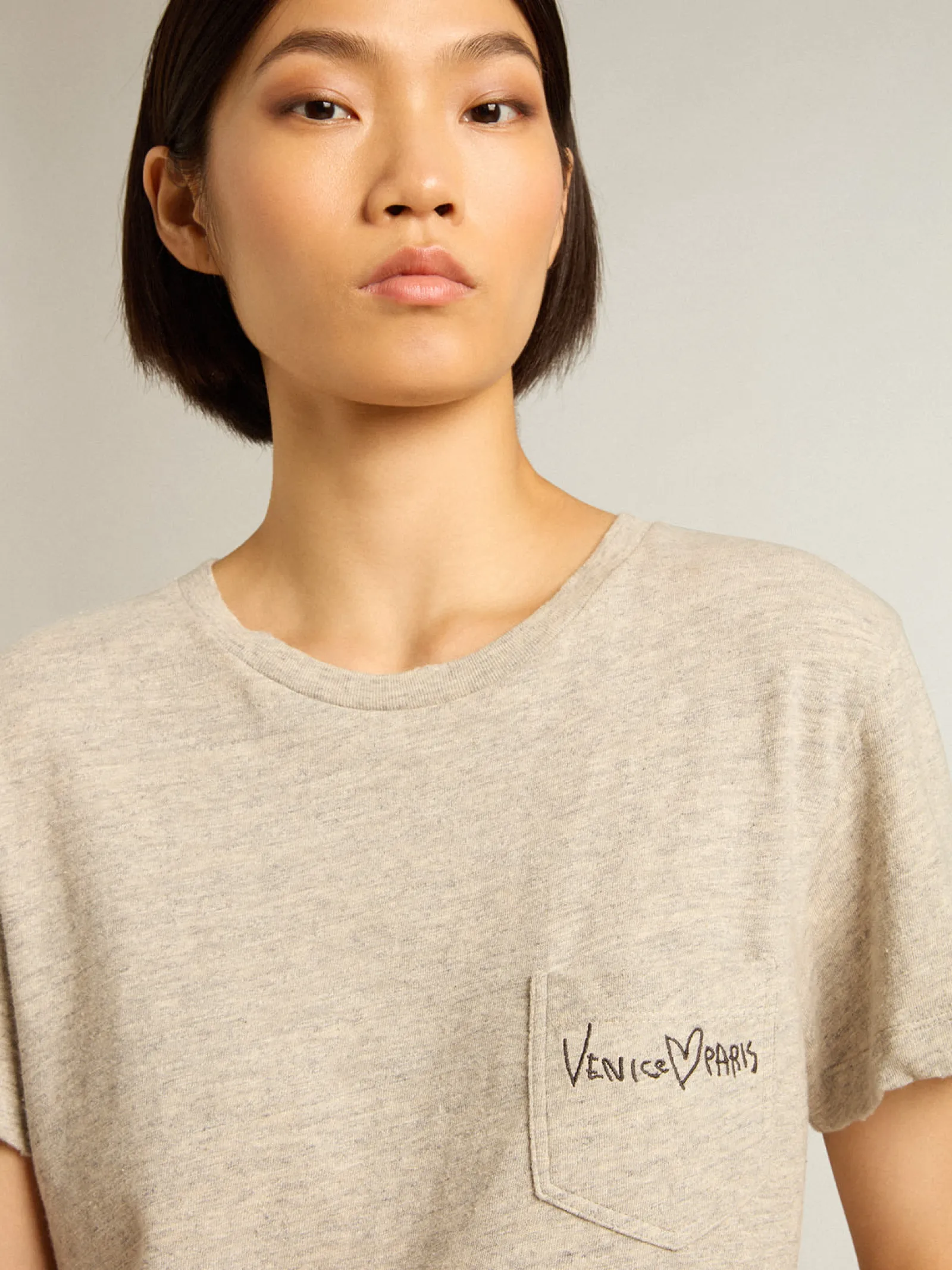 Cheap Golden Goose Camiseta feminina de algodão cinza mescla com escrita bordada Coleção Journey