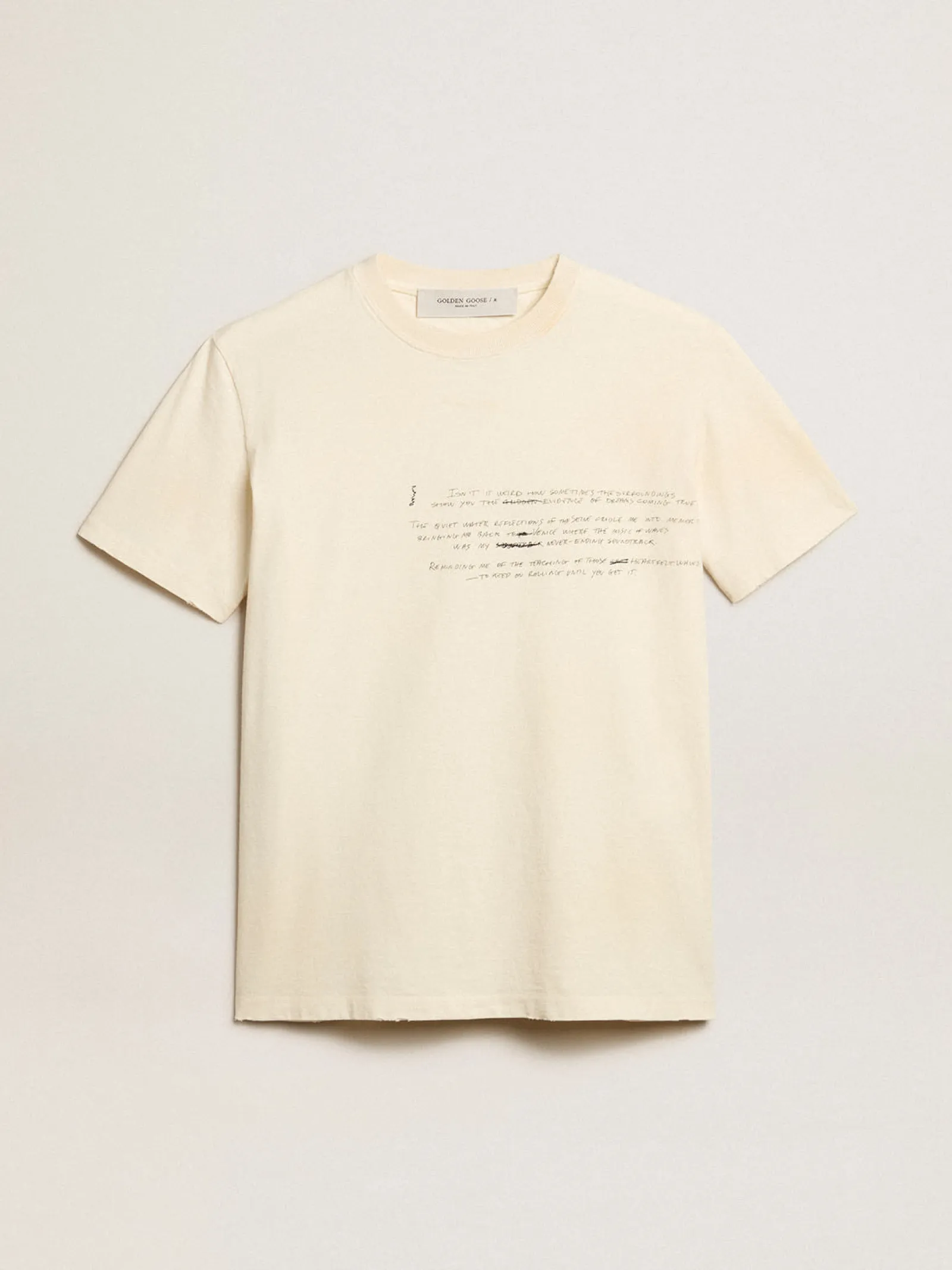 Cheap Golden Goose Camiseta feminina de algodão branco usado com escrita bordada Coleção Journey