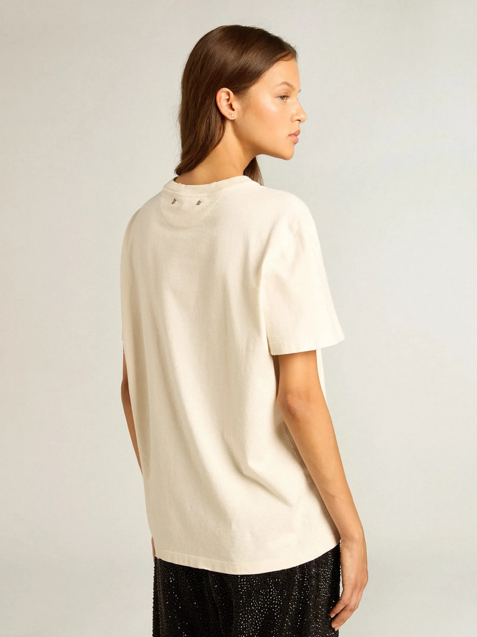 Cheap Golden Goose Camiseta feminina de algodão branco usado com escrita bordada Coleção Journey