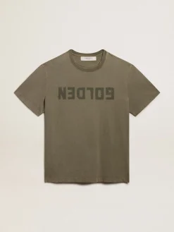 New Golden Goose Camiseta feminina verde-oliva com inscrição Golden Golden Collection