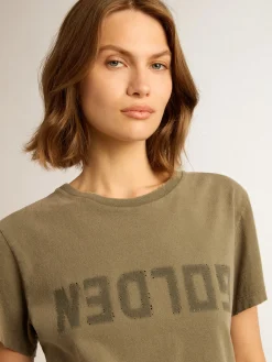 New Golden Goose Camiseta feminina verde-oliva com inscrição Golden Golden Collection
